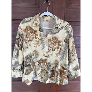 Tianello Button Up Blouse women Size L Yellow Print 3/4 Sleeve